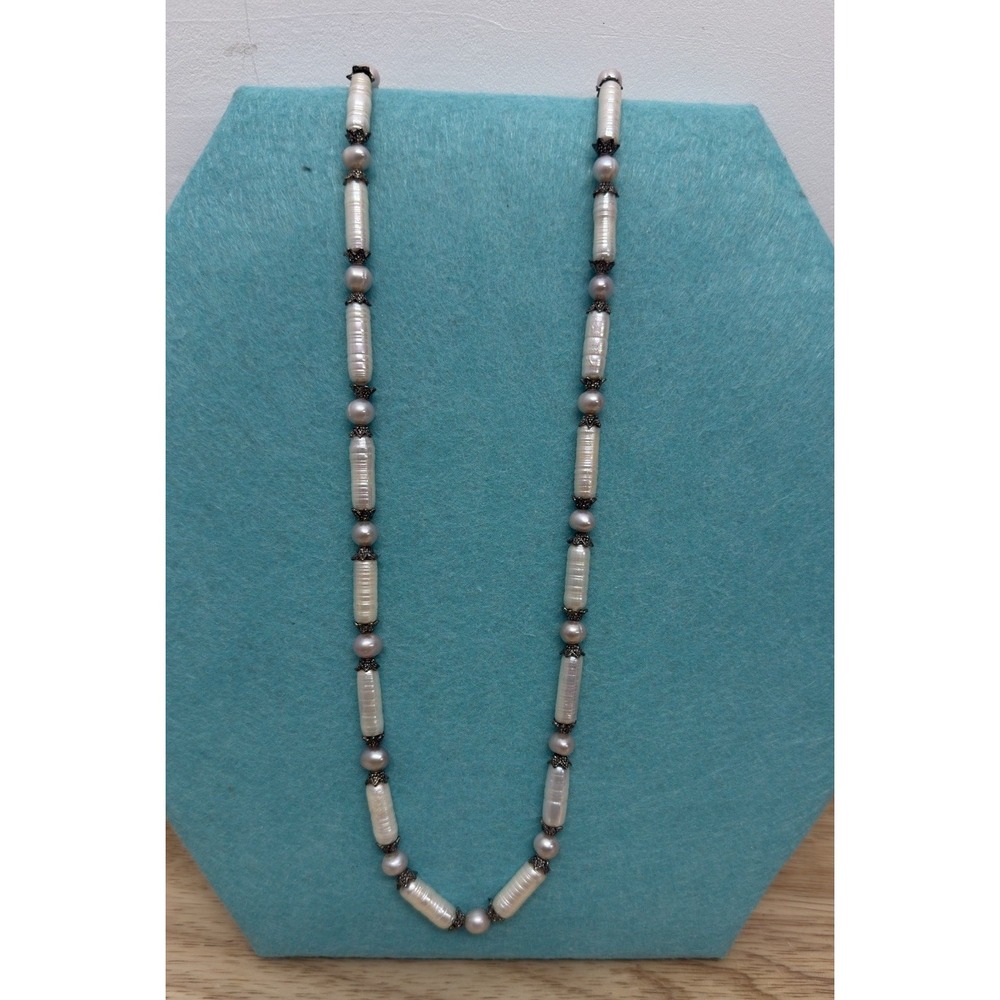 Vintage Freshwater Pearl Mother of Pearl Beaded Necklace Silver Tone Caps Estate